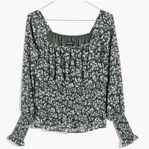 Georgette Square-Neck Smock-Waist Top in Forest - Picture 2 of 4